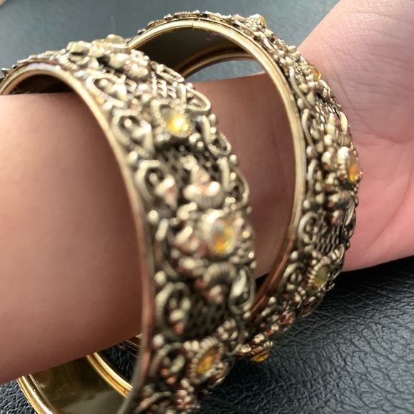 Antique Gold Wide Bracelets with Precious Gemstones x 2 - Picture 4 of 4